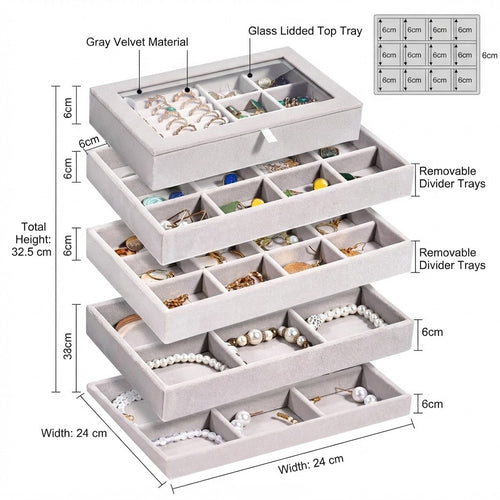ProCase Jewelry Organizer Tray Jewelry Storage Box Stackable Velvet Jewelry Drawer Organizer Inserts Earring Holder for Stud Earring Necklace Rings Bracelet 8.27 x 4.72 x 5.71 -Grey 5 Layers